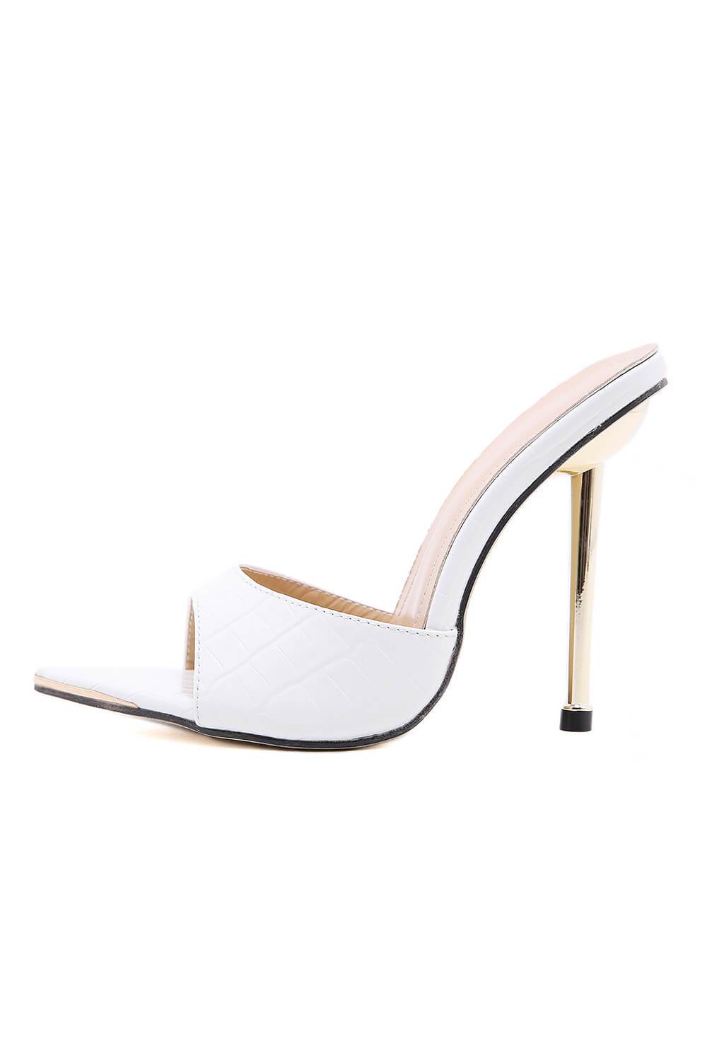 White Faux Croc Print Metal Toe Cap Stiletto Mules