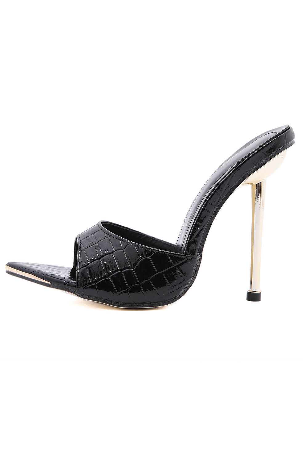 Black Faux Croc Print Metal Toe Cap Stiletto Mules - MomyMall