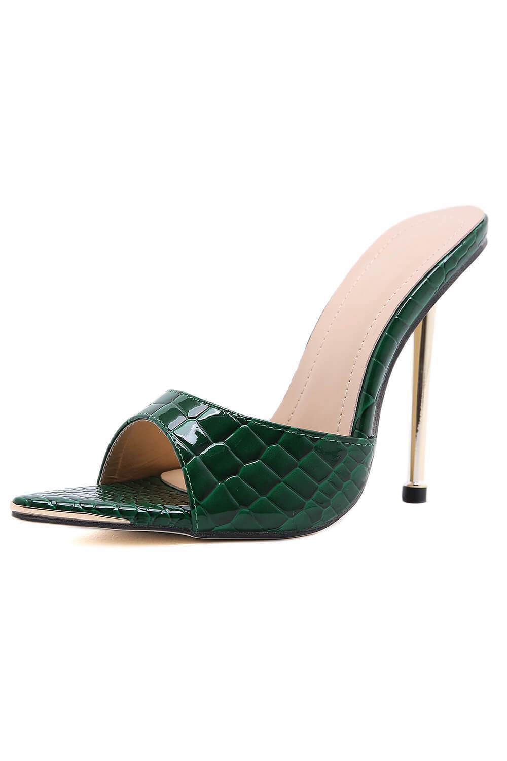 Green Faux Croc Print Metal Toe Cap Stiletto Mules