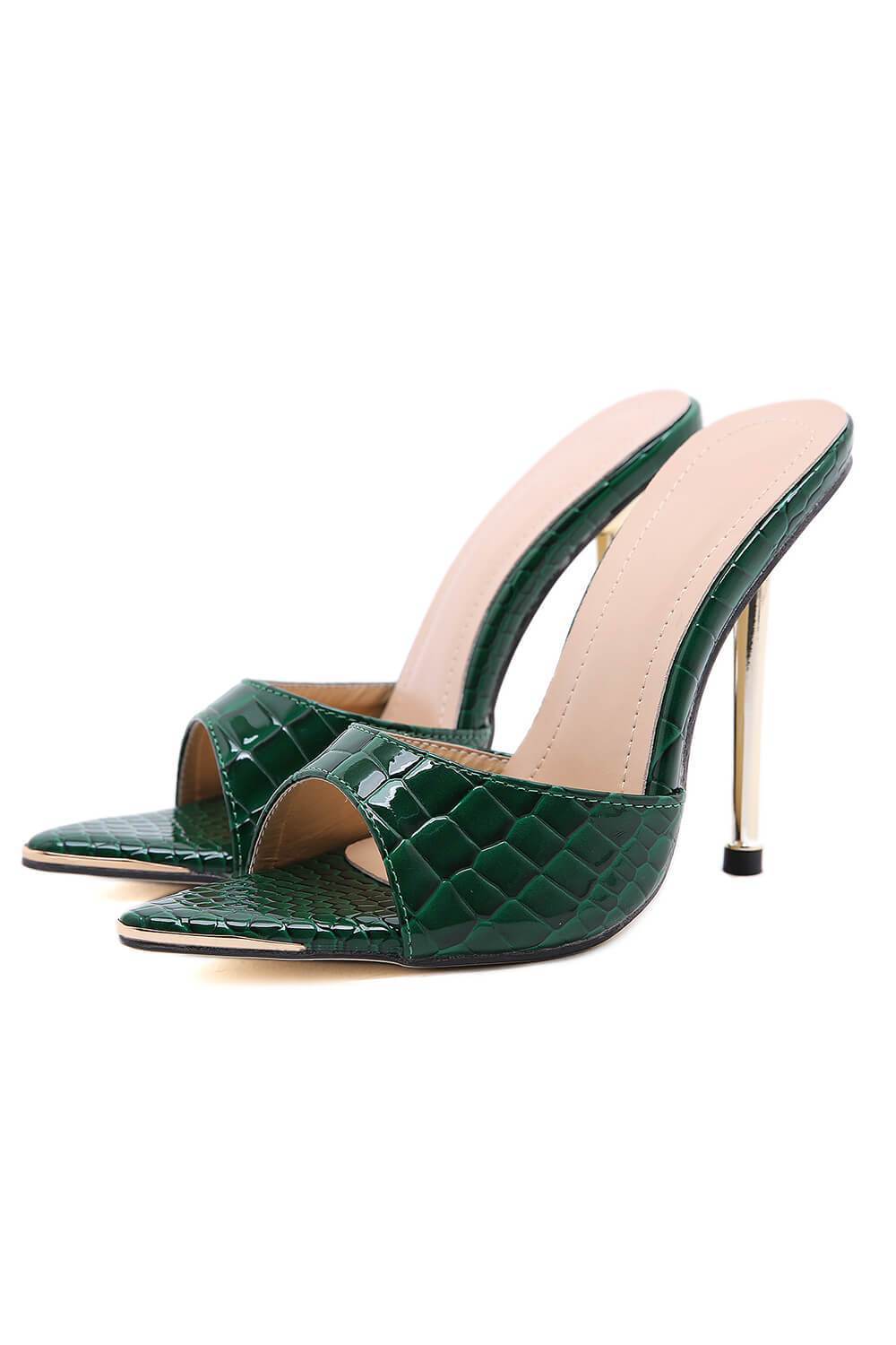 Green Faux Croc Print Metal Toe Cap Stiletto Mules