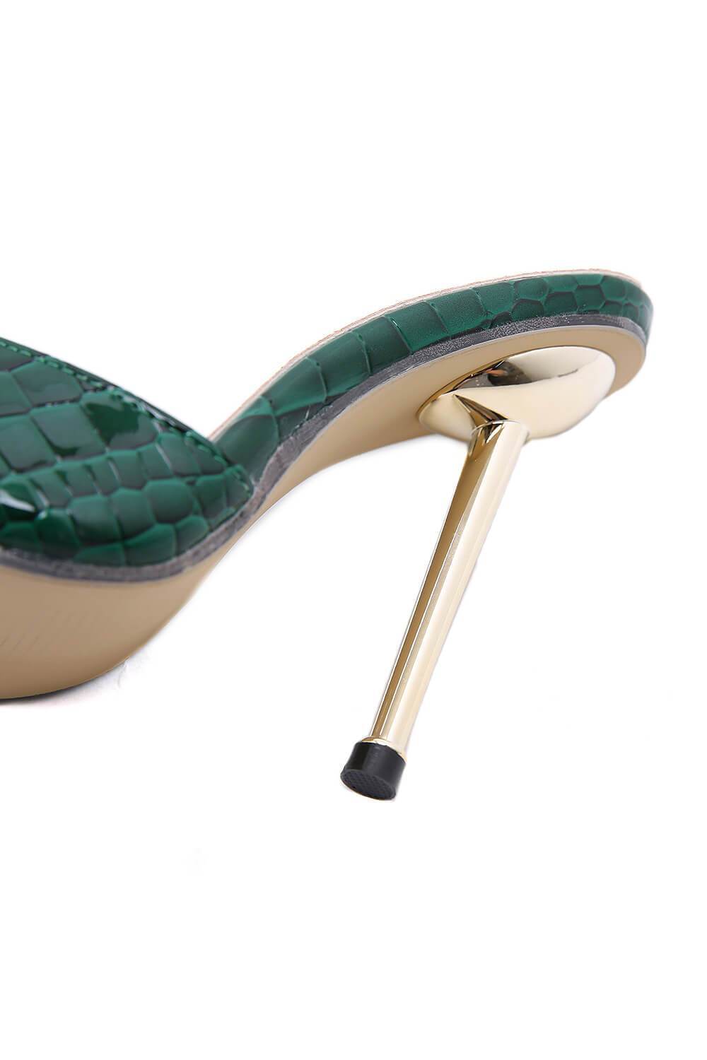 Green Faux Croc Print Metal Toe Cap Stiletto Mules