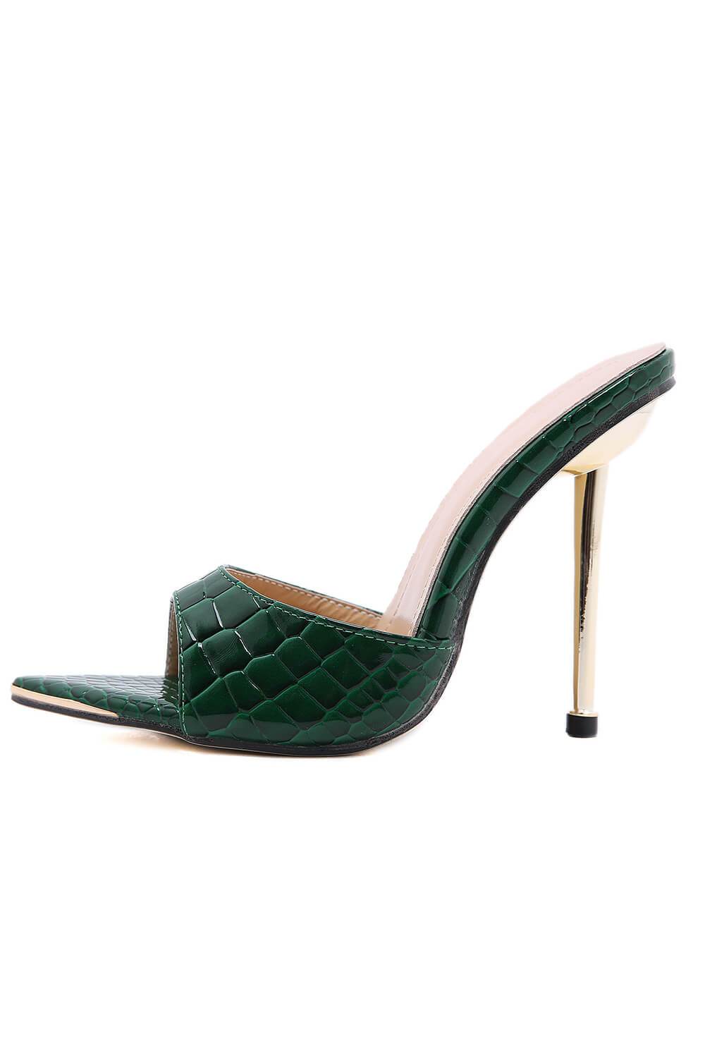 Green Faux Croc Print Metal Toe Cap Stiletto Mules