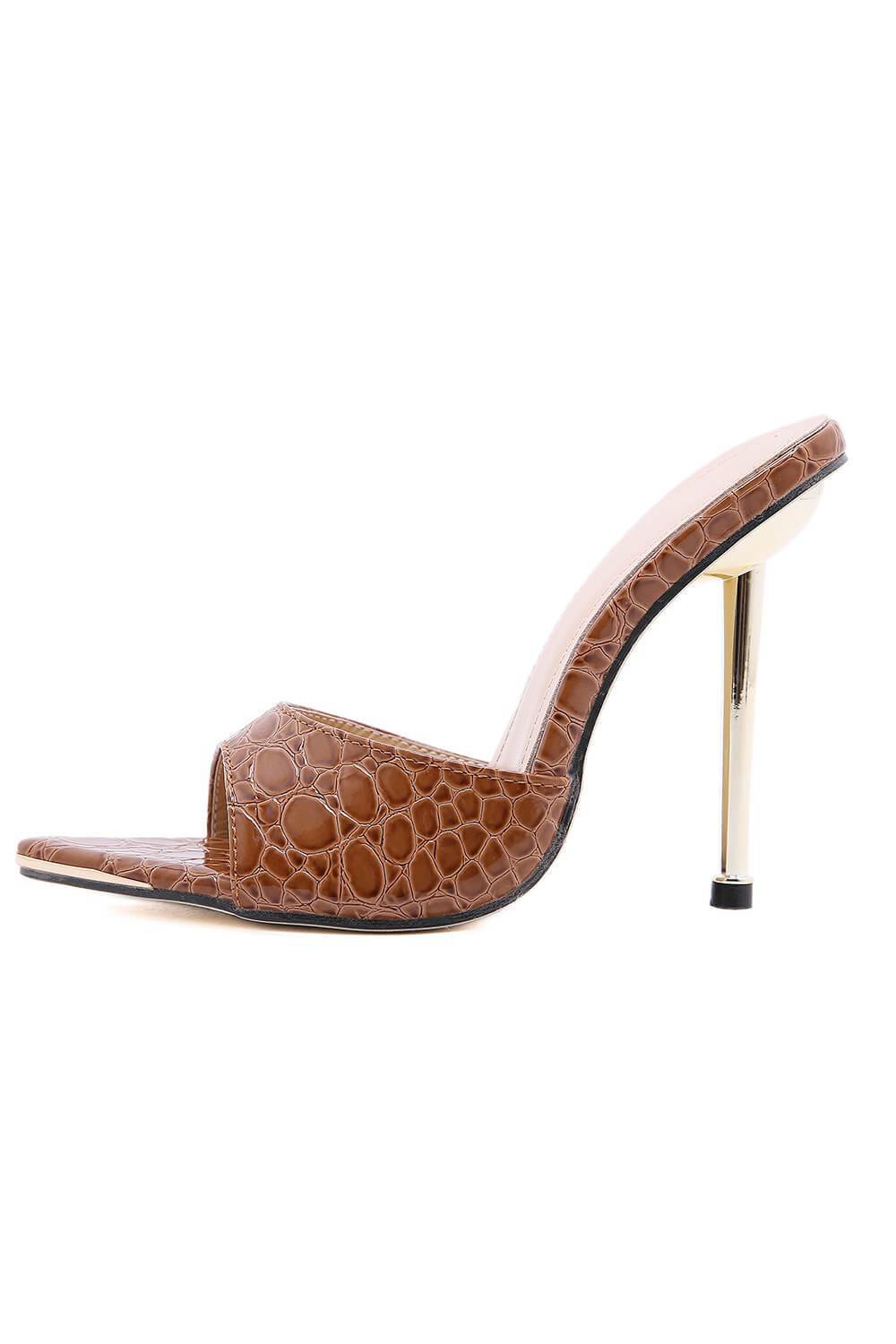 Brown Faux Croc Print Metal Toe Cap Stiletto Mules - MomyMall