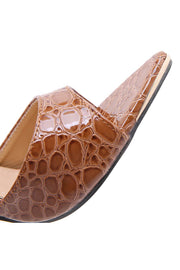 Brown Faux Croc Print Metal Toe Cap Stiletto Mules - MomyMall