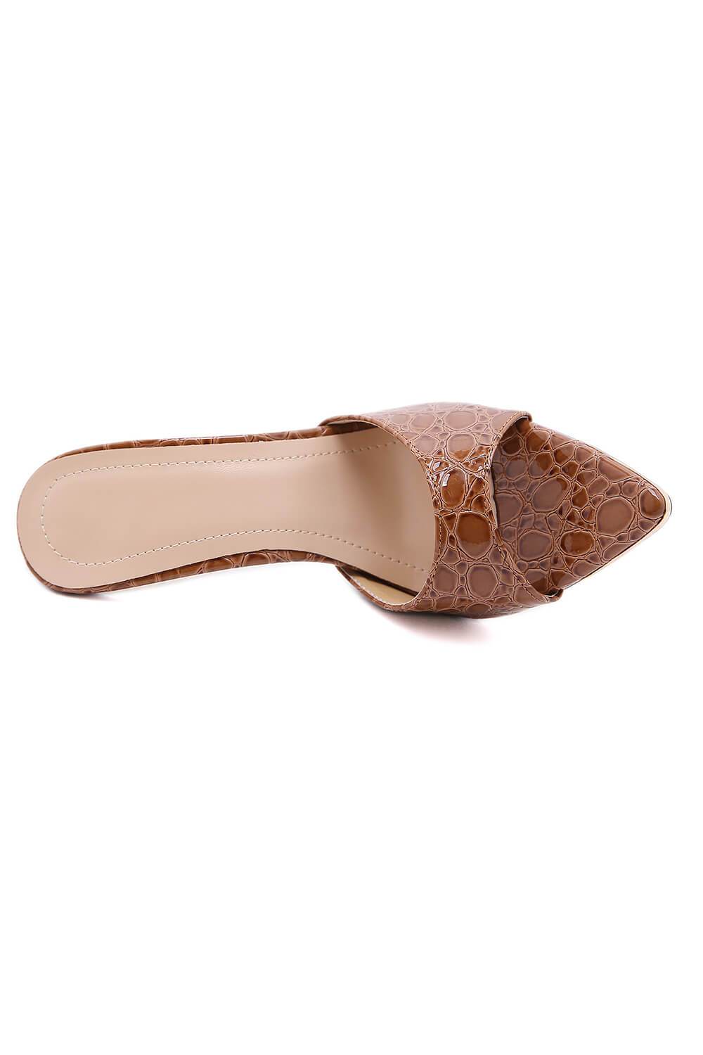 Brown Faux Croc Print Metal Toe Cap Stiletto Mules - MomyMall