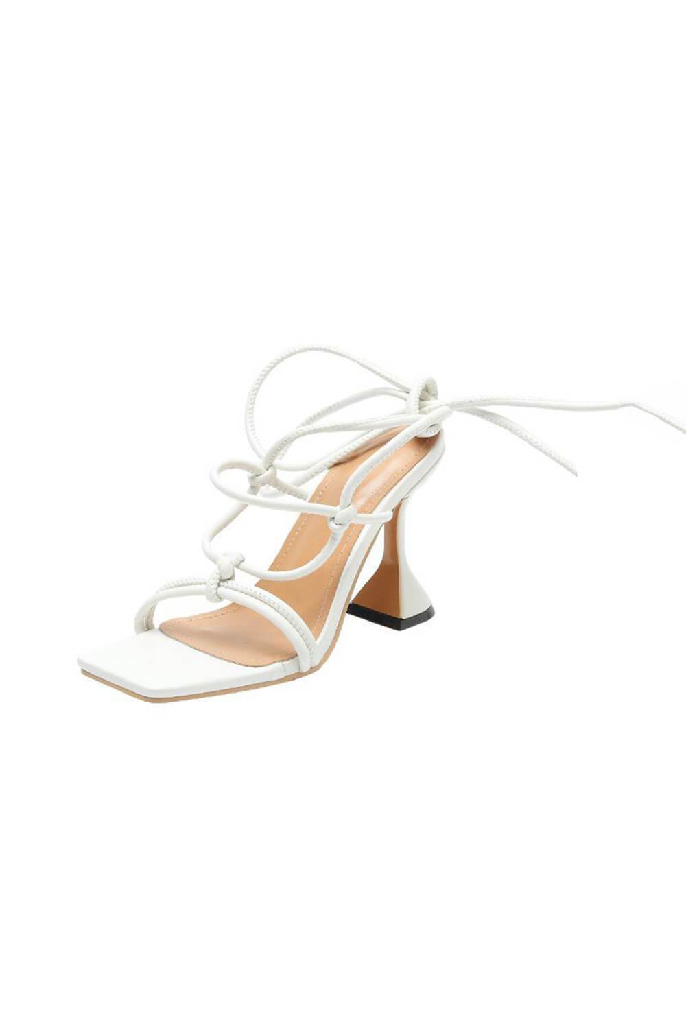 White Faux Leather Lace Up Square Toe Sculptured Heel - MomyMall