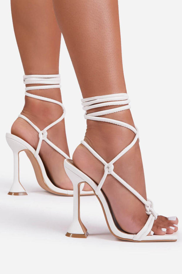 White Faux Leather Lace Up Square Toe Sculptured Heel - MomyMall