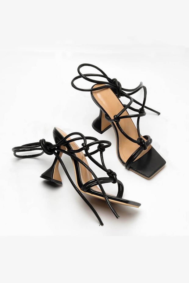 Black Faux Leather Lace Up Square Toe Sculptured Heel - MomyMall