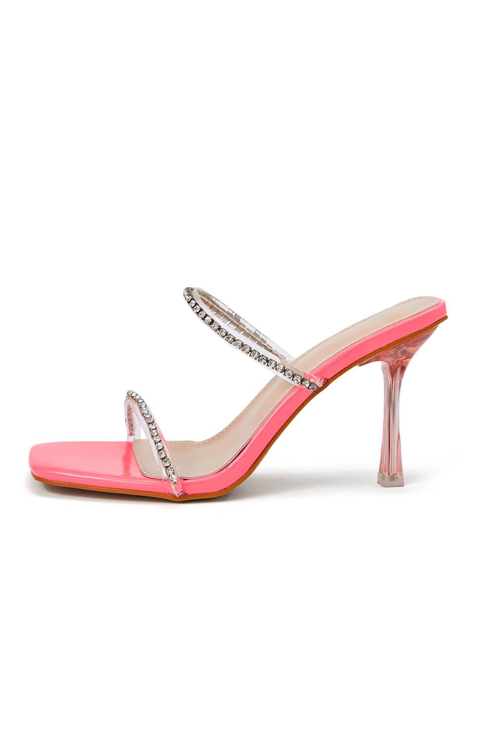 Salmon Patent Diamante Clear Perspex Mules - MomyMall