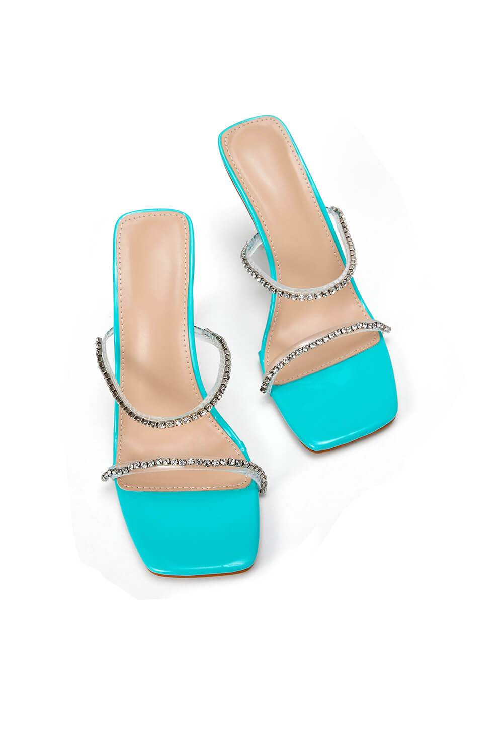 Mules en plexiglas transparent turquoise verni à strass