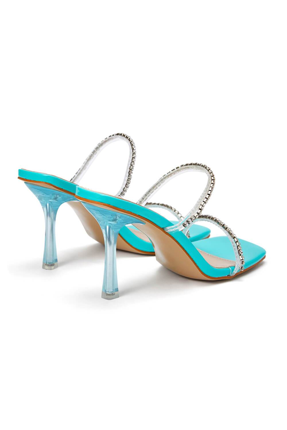 Mules en plexiglas transparent turquoise verni à strass