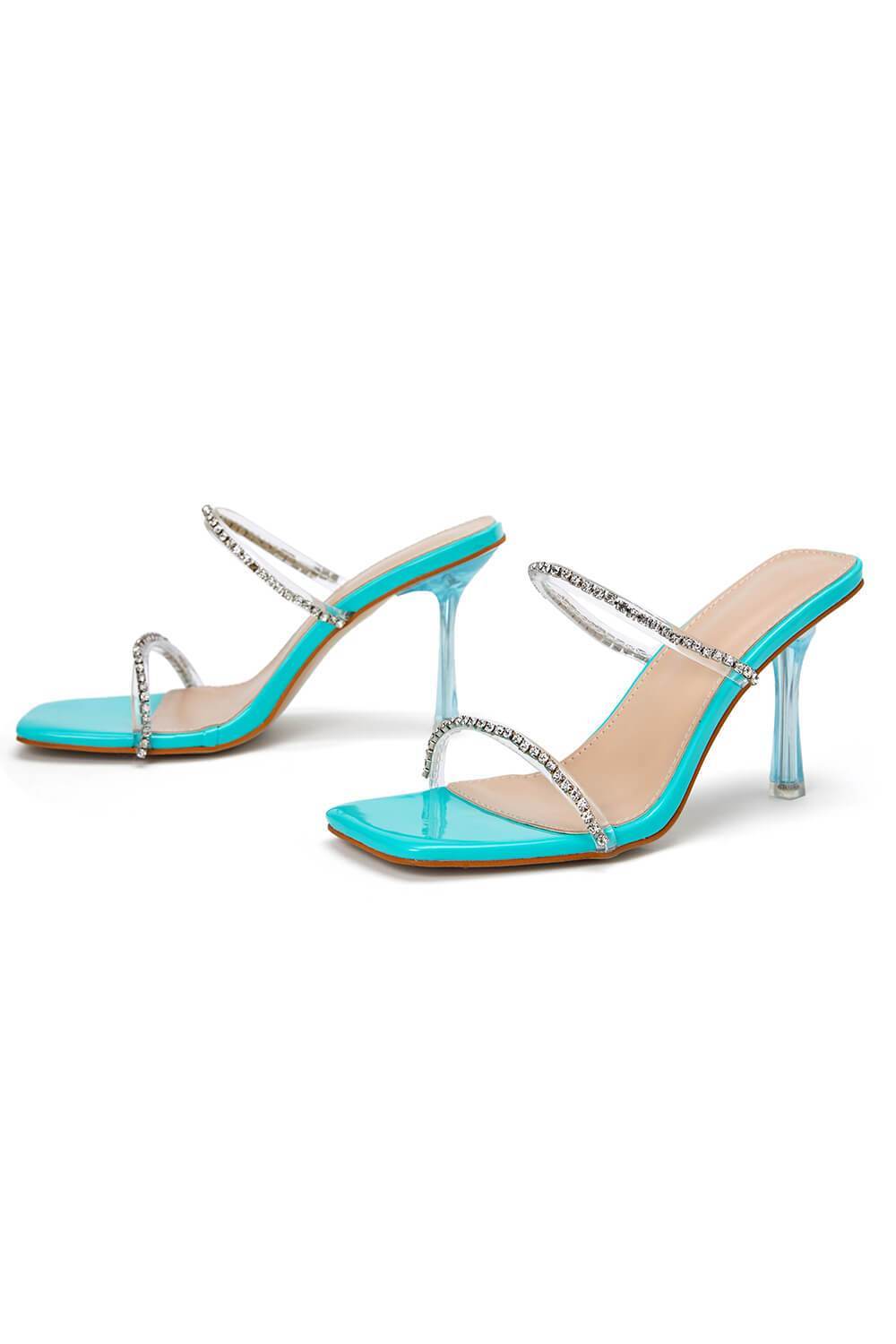 Mules en plexiglas transparent turquoise verni à strass