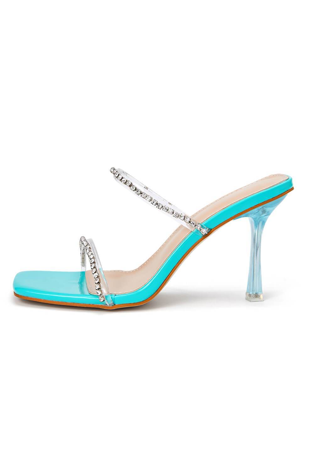 Turquoise Patent Diamante Clear Perspex Mules