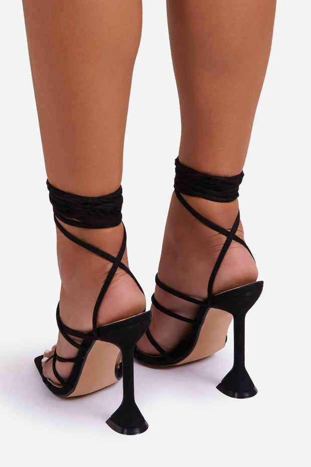 Black Faux Suede Strappy Lace Up Square Toe Sculptured Heel - MomyMall