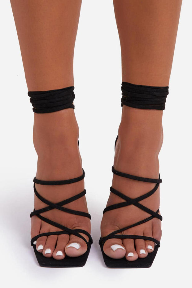 Black Faux Suede Strappy Lace Up Square Toe Sculptured Heel - MomyMall