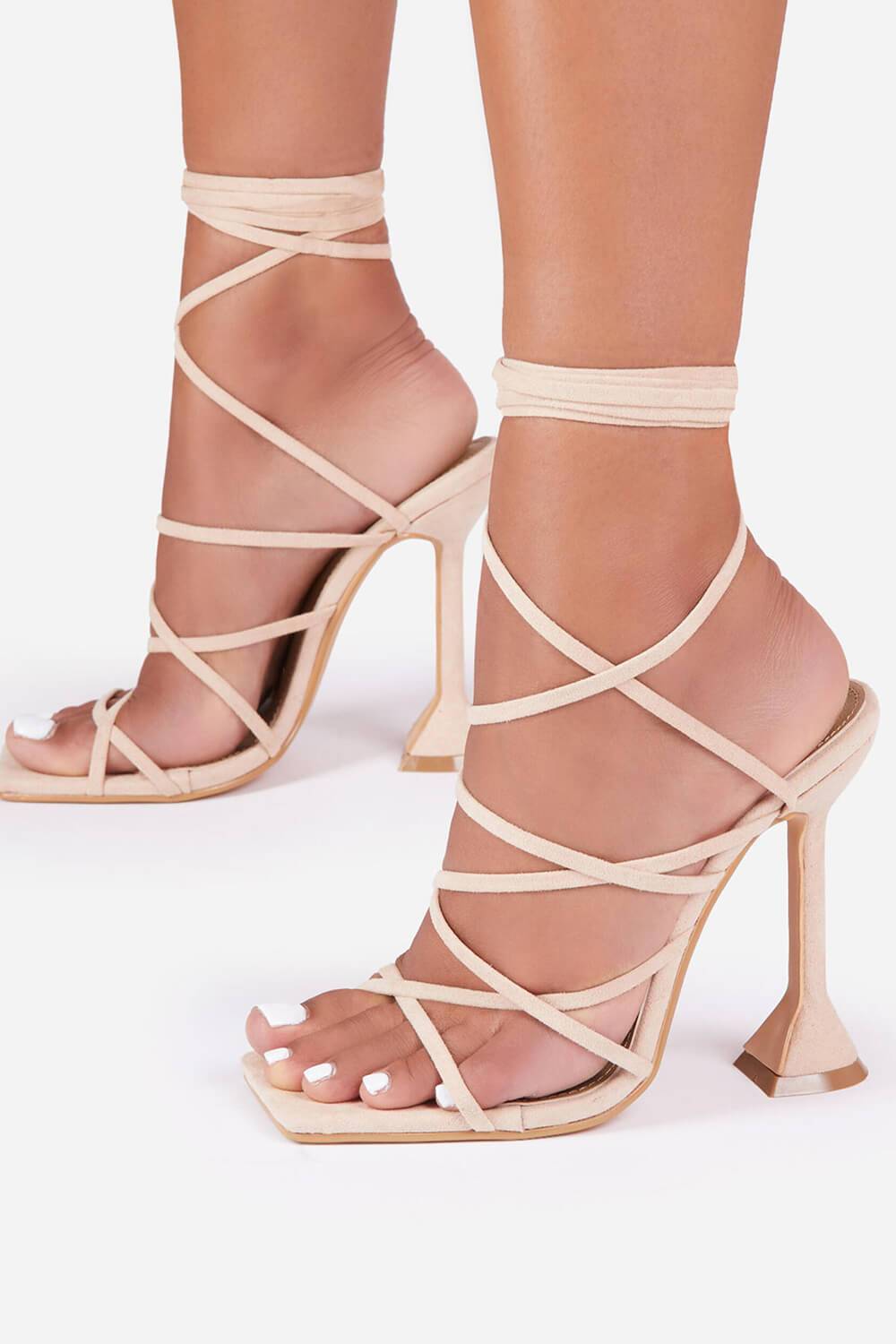 Nude Faux Suede Strappy Lace Up Square Toe Sculptured Heel