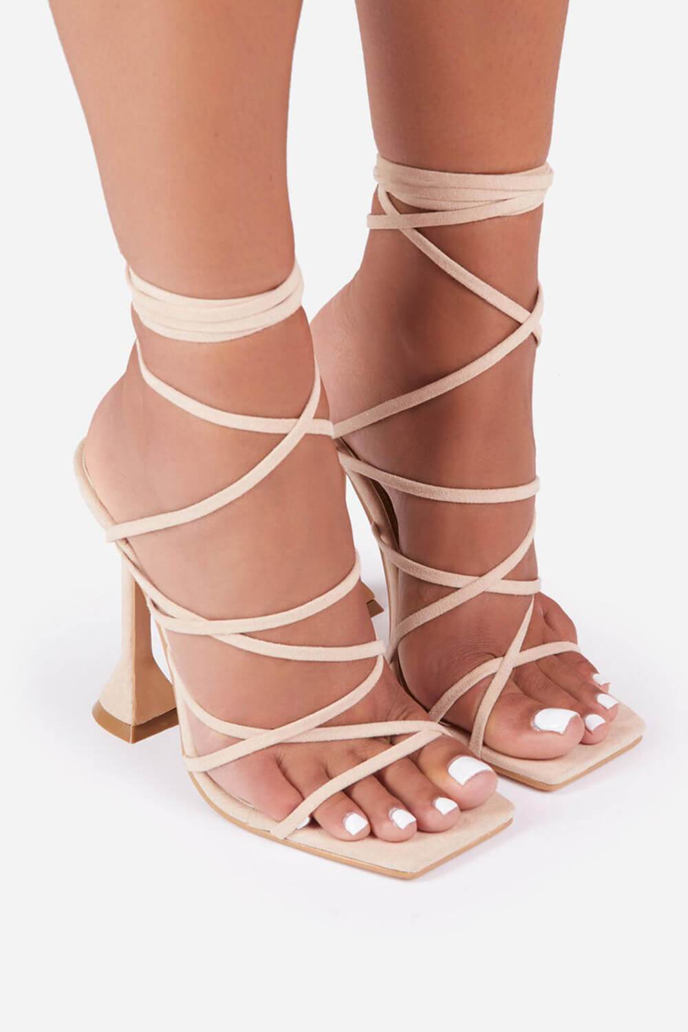 Nude Faux Suede Strappy Lace Up Square Toe Sculptured Heel