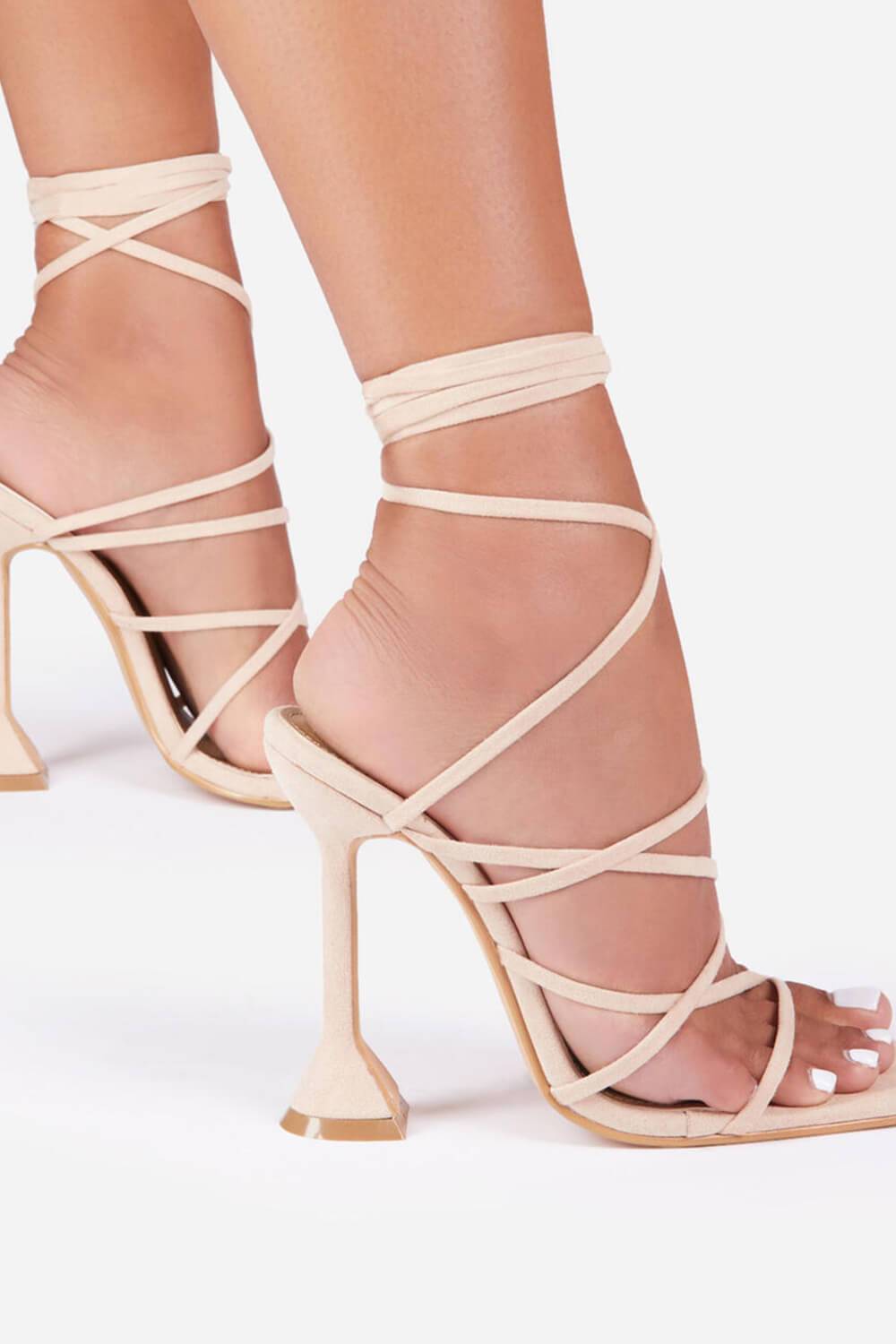 Nude Faux Suede Strappy Lace Up Square Toe Sculptured Heel