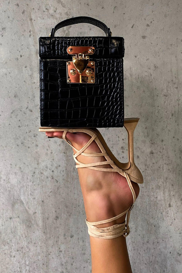 Nude Faux Suede Strappy Lace Up Square Toe Sculptured Heel