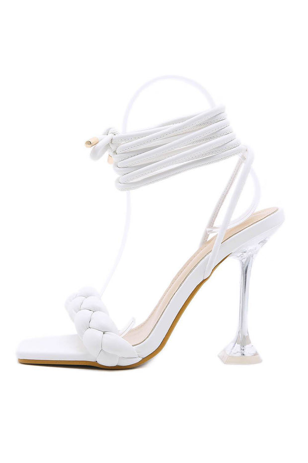 White Faux Leather Lace Up Square Toe Woven Perspex Sculptured Heel - MomyMall