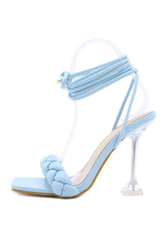 Light Blue Faux Leather Lace Up Square Toe Woven Perspex Sculptured Heel - MomyMall