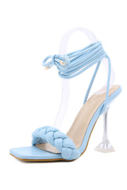 Light Blue Faux Leather Lace Up Square Toe Woven Perspex Sculptured Heel - MomyMall