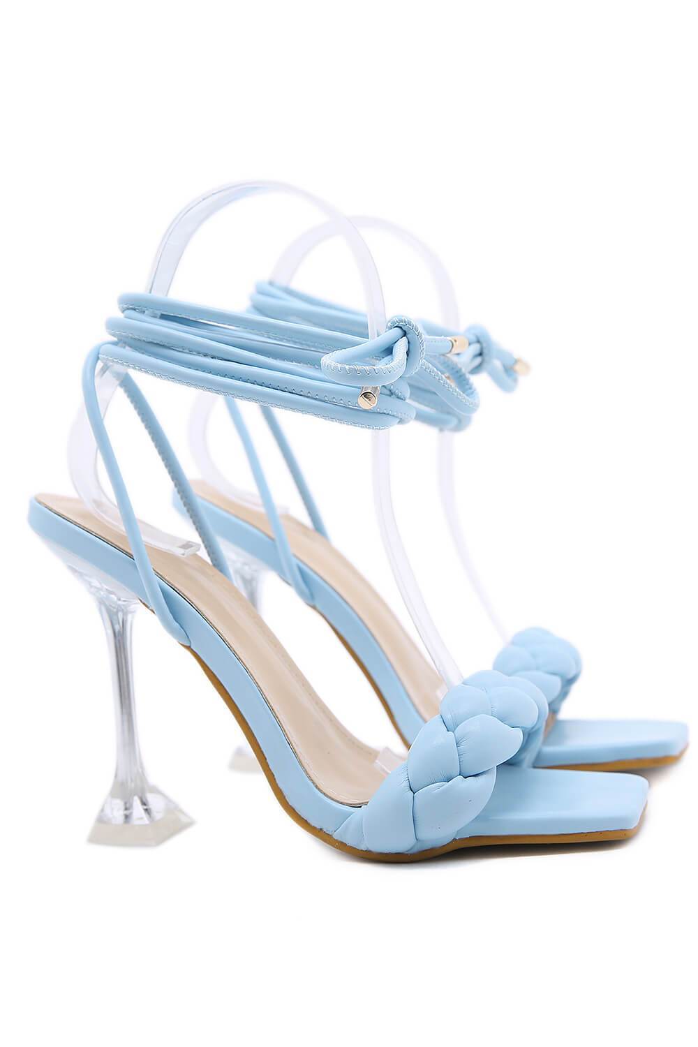 Light Blue Faux Leather Lace Up Square Toe Woven Perspex Sculptured Heel - MomyMall