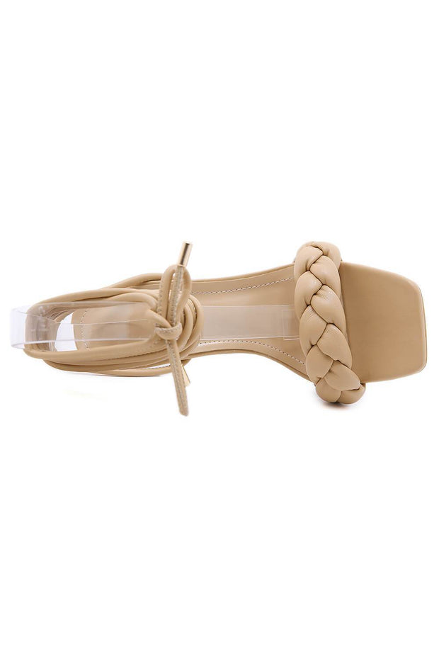 Beige Faux Leather Lace Up Square Toe Woven Perspex Sculptured Heel