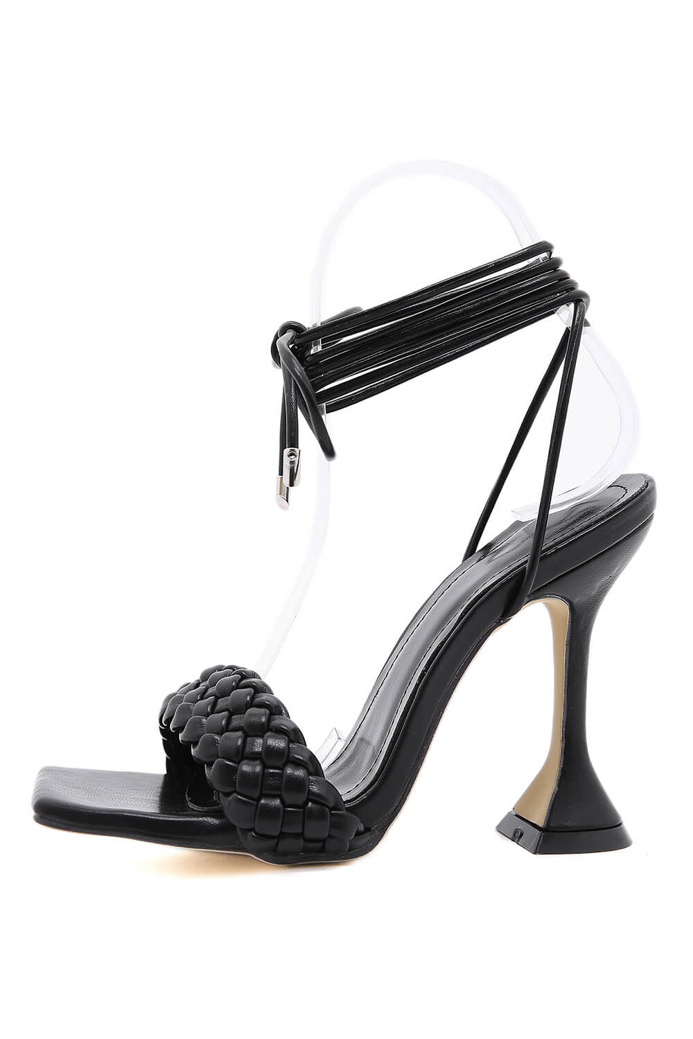 Black Faux Leather Lace Up Square Toe Woven Sculptured Heels