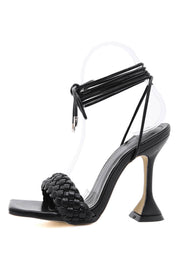 Black Faux Leather Lace Up Square Toe Woven Sculptured Heels