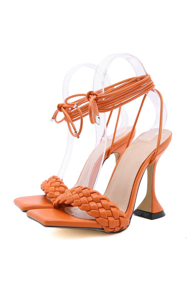 Orange Faux Leather Lace Up Square Toe Woven Sculptured Heels - MomyMall