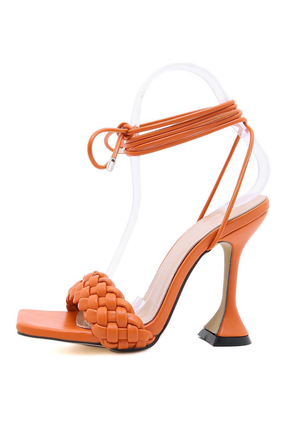 Orange Faux Leather Lace Up Square Toe Woven Sculptured Heels - MomyMall