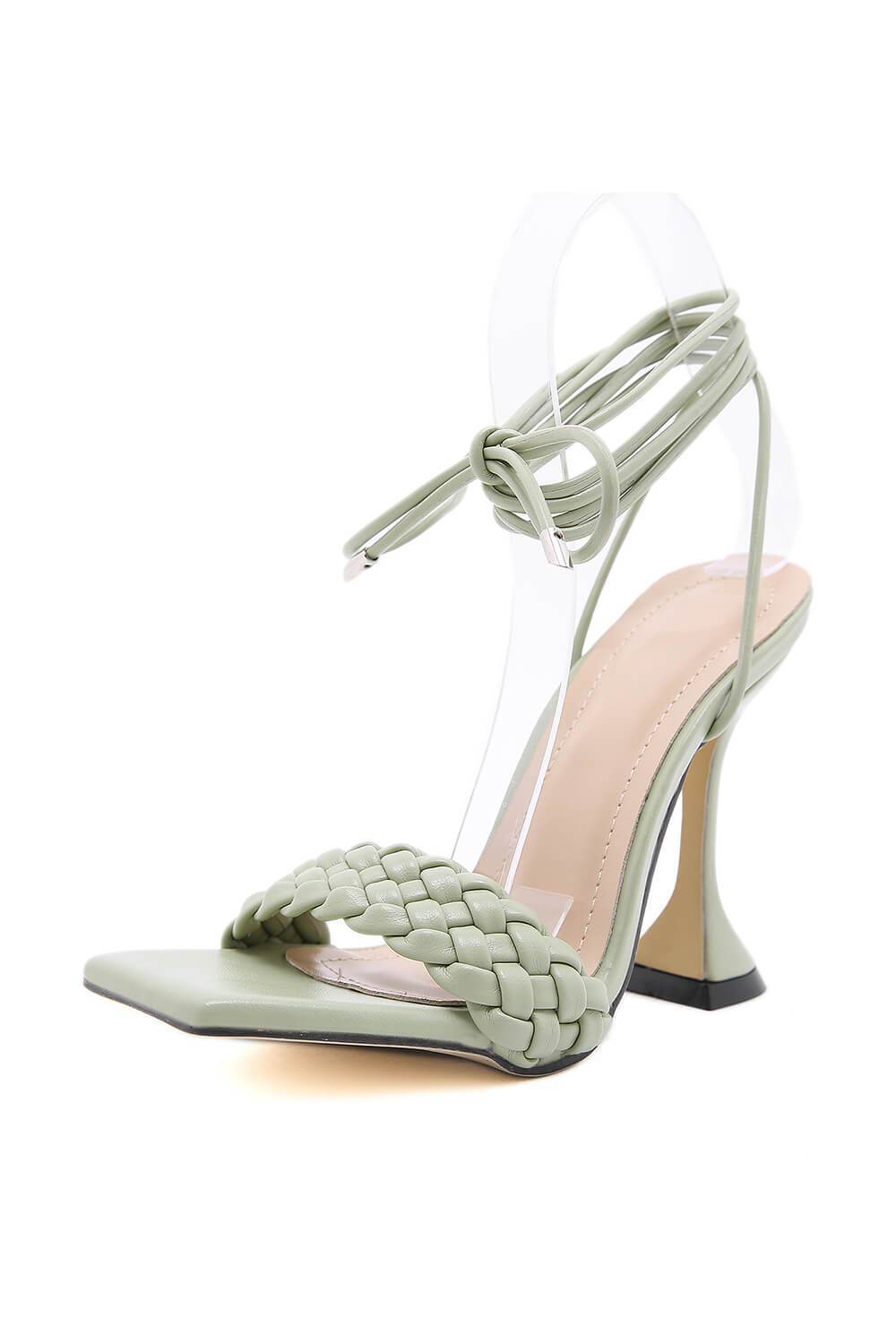 Sage Green Faux Leather Lace Up Square Toe Woven Sculptured Heels