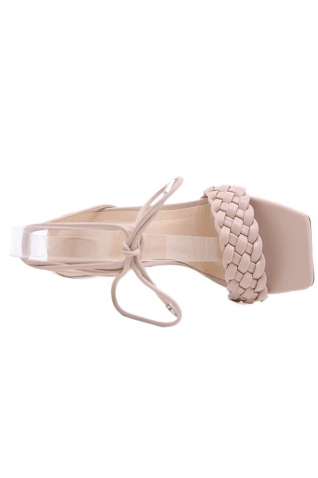 Nude Faux Leather Lace Up Square Toe Woven Sculptured Heels