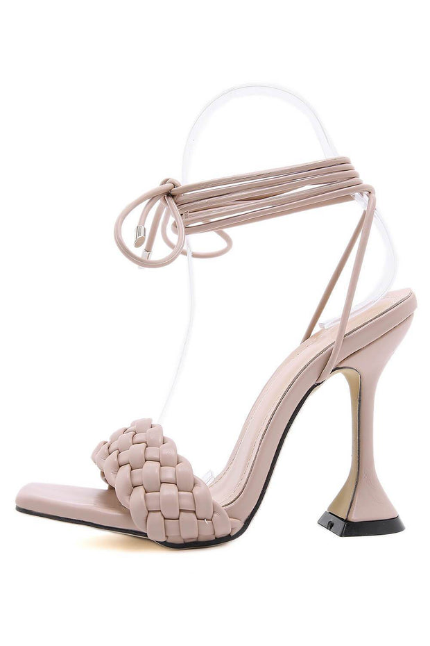 Nude Faux Leather Lace Up Square Toe Woven Sculptured Heels