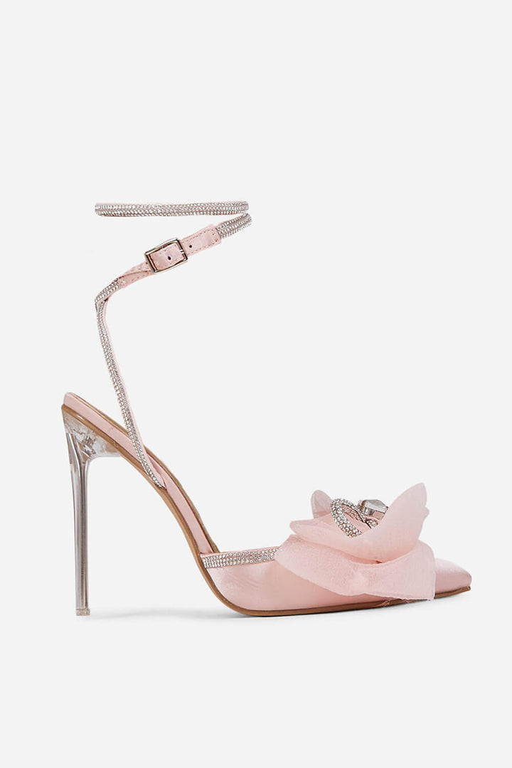 Pink Satin Bow Detail Diamante Lace Up Clear Perspex Stiletto Heel - MomyMall