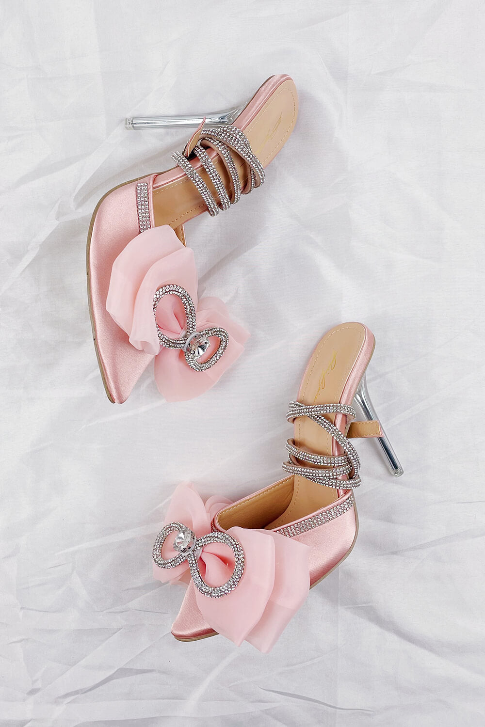 Pink Satin Bow Detail Diamante Lace Up Clear Perspex Stiletto Heel - MomyMall