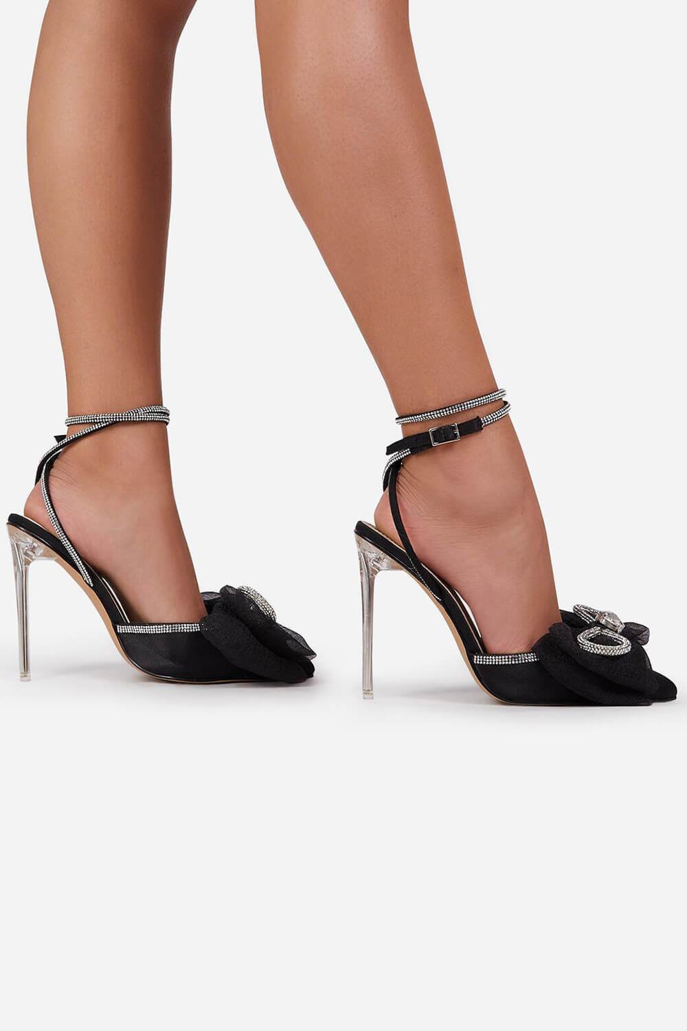 Black Satin Bow Detail Diamante Lace Up Clear Perspex Stiletto Heel - MomyMall