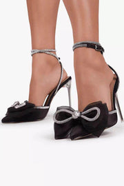 Black Satin Bow Detail Diamante Lace Up Clear Perspex Stiletto Heel - MomyMall