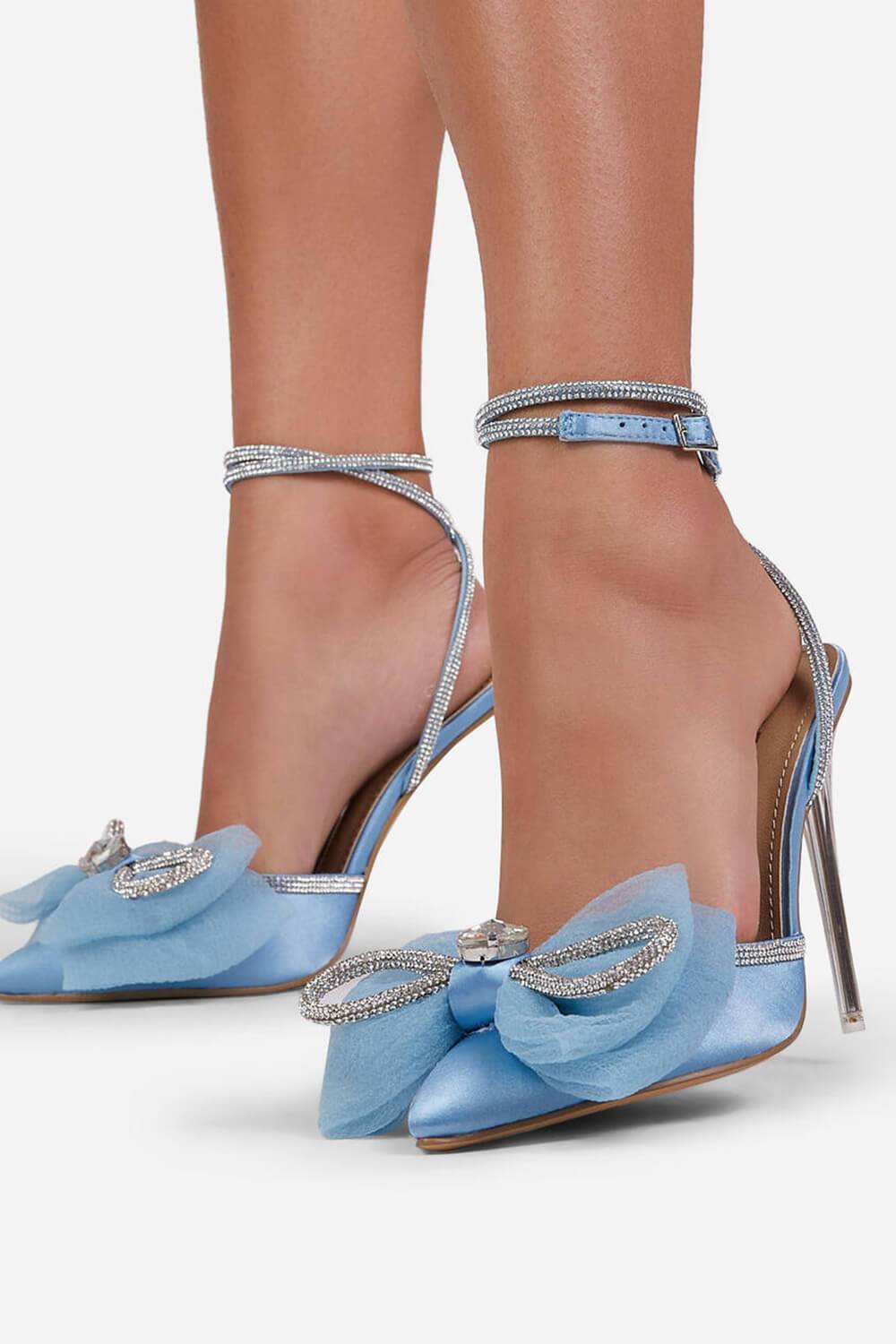 Blue Satin Bow Detail Diamante Lace Up Clear Perspex Stiletto Heel - MomyMall