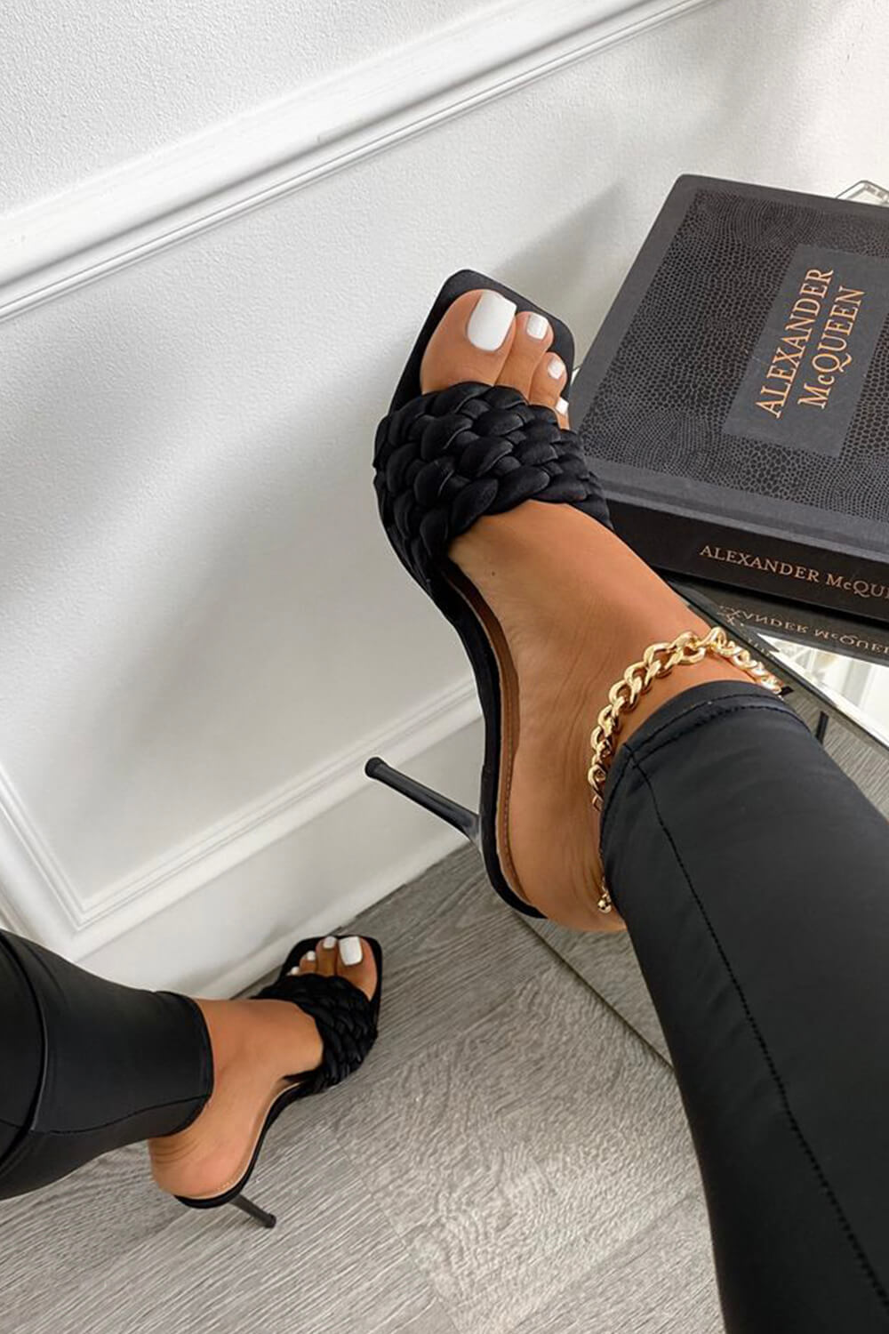 Black Woven Satin Stiletto Mules - MomyMall