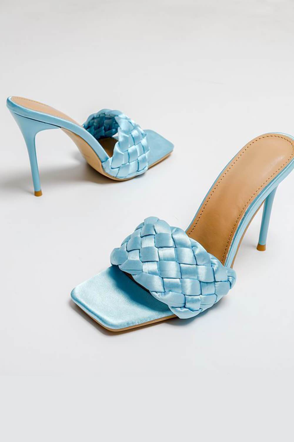 Lake Blue Woven Satin Stiletto Mules - MomyMall