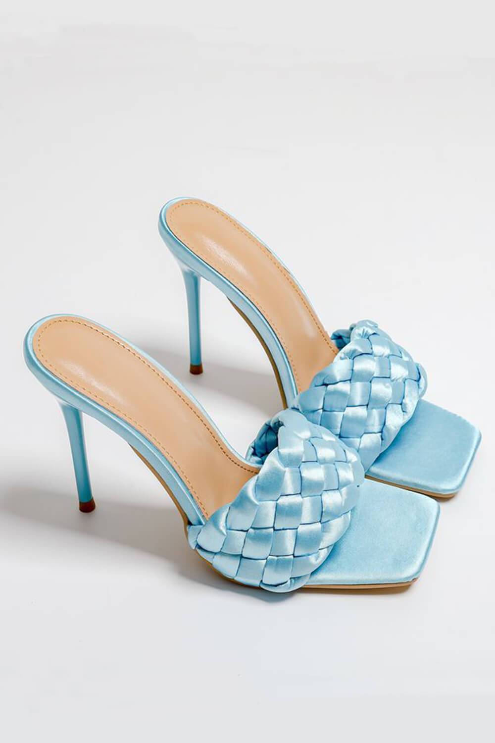 Lake Blue Woven Satin Stiletto Mules - MomyMall