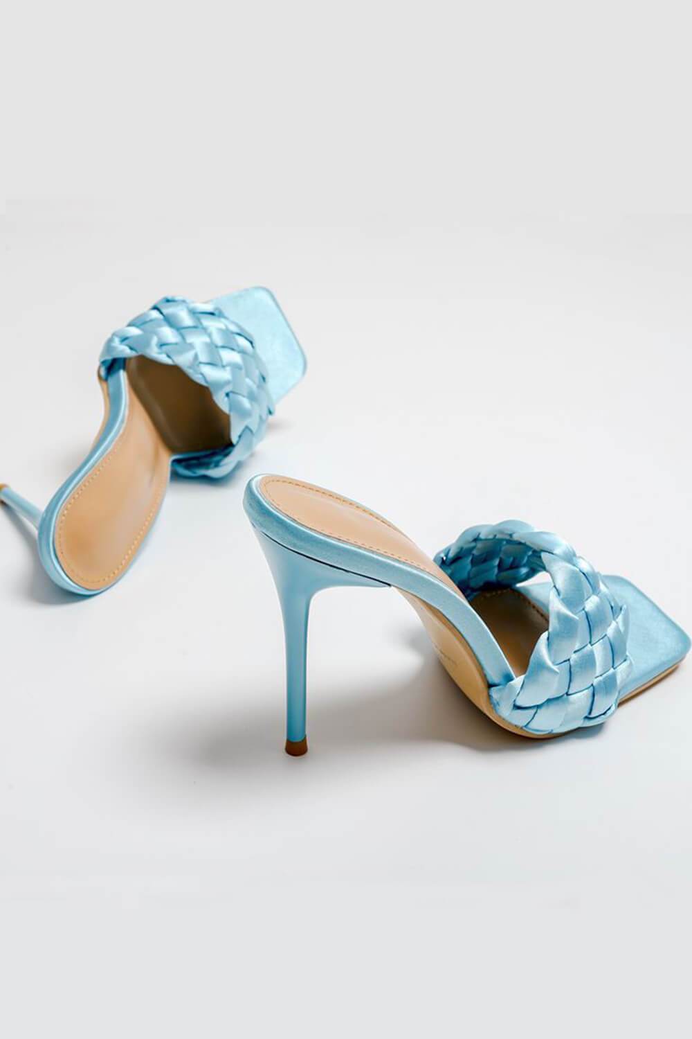 Lake Blue Woven Satin Stiletto Mules - MomyMall