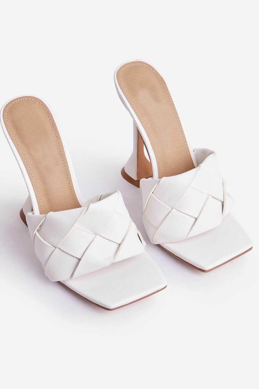 White Faux Leather Woven Square Peep Toe Sculptured Heeled Mules