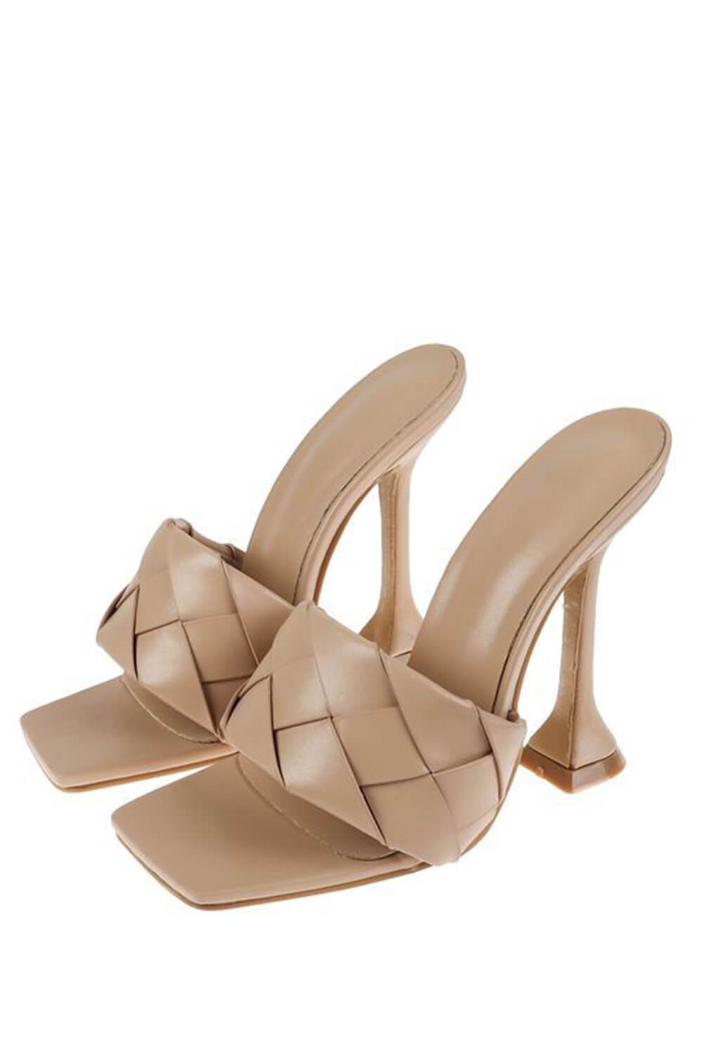 Nude Faux Leather Woven Square Peep Toe Sculptured Heeled Mules