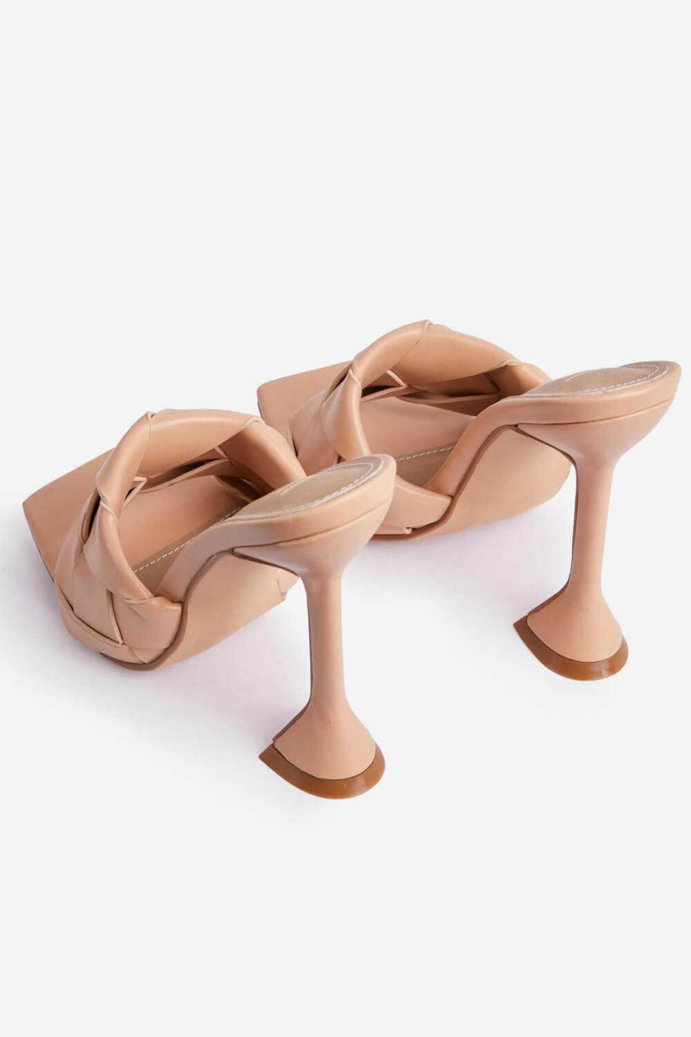 Nude Faux Leather Woven Square Peep Toe Sculptured Heeled Mules