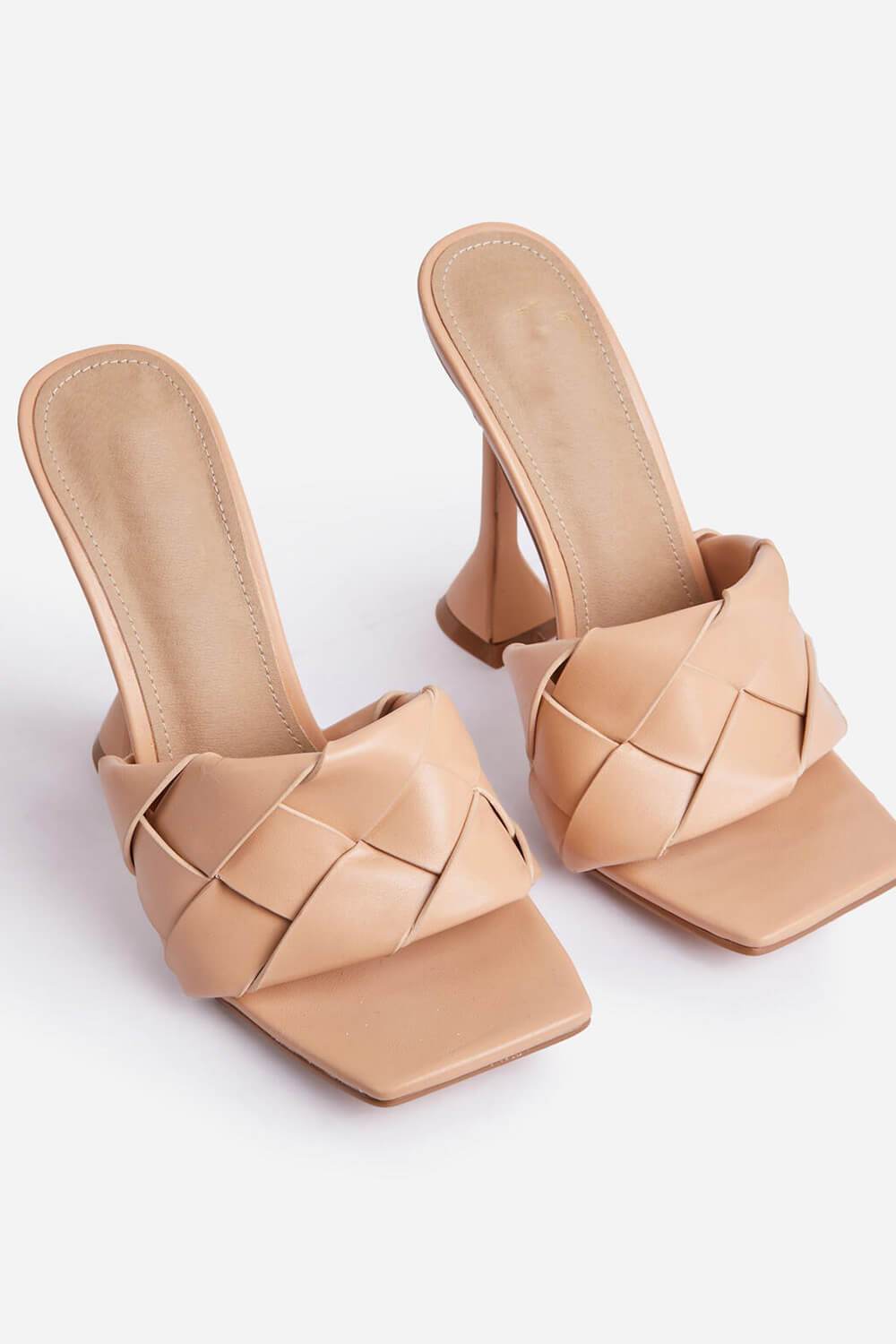 Nude Faux Leather Woven Square Peep Toe Sculptured Heeled Mules