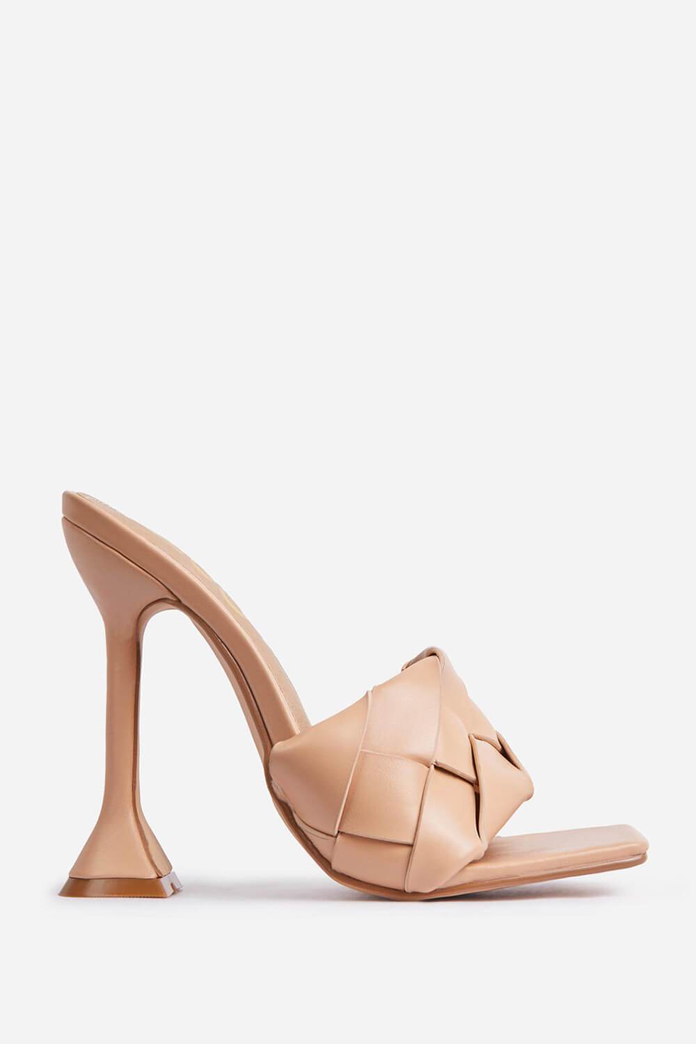 Nude Faux Leather Woven Square Peep Toe Sculptured Heeled Mules