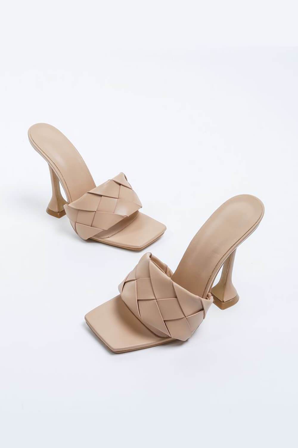 Nude Faux Leather Woven Square Peep Toe Sculptured Heeled Mules